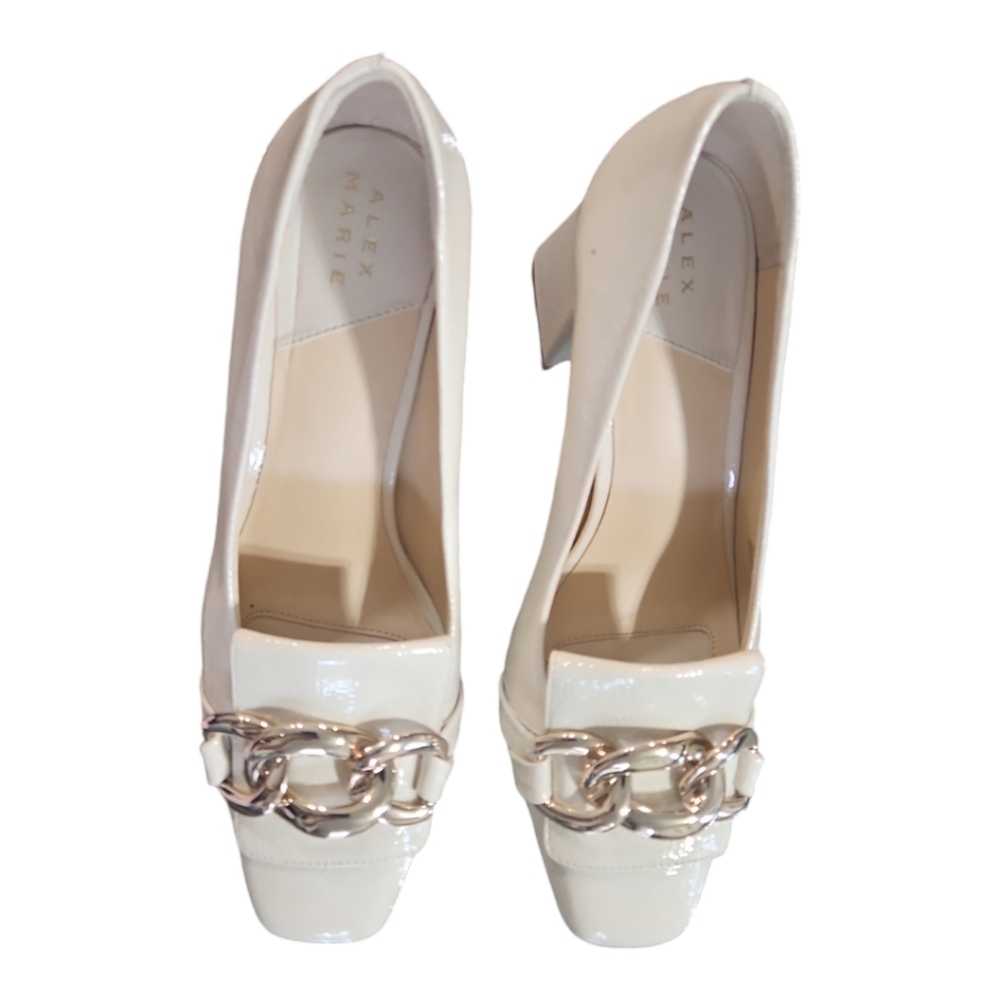 Alex Marie Beige Patent Leather Chain Block Heel Loafer Pumps Sz 7.5 NEW - Picture 3 of 10